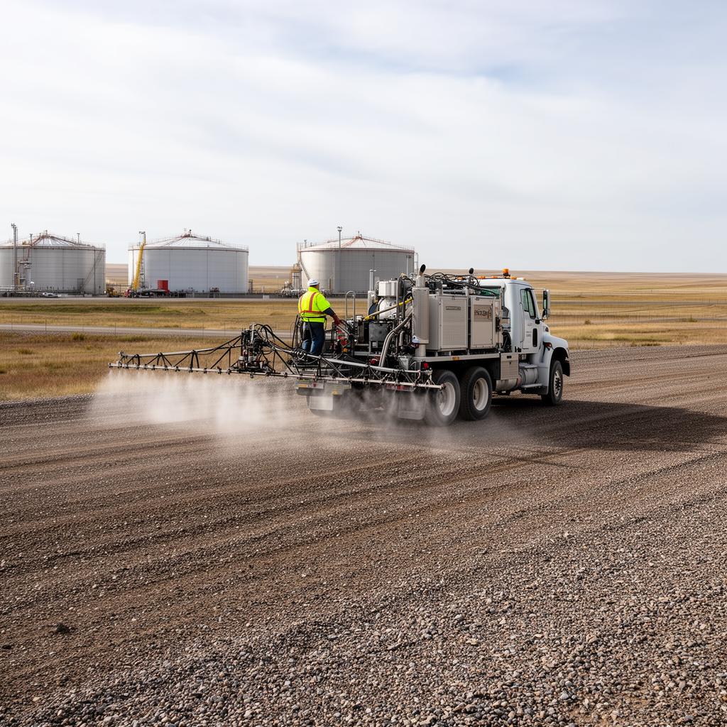 Industrial spray truck applying bare ground sterilant herbicide on a gravel equipment yard near storage tanks