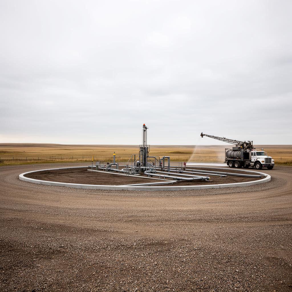 Clean bare ground industrial well pad with no vegetation around oil and gas equipment in a rural area