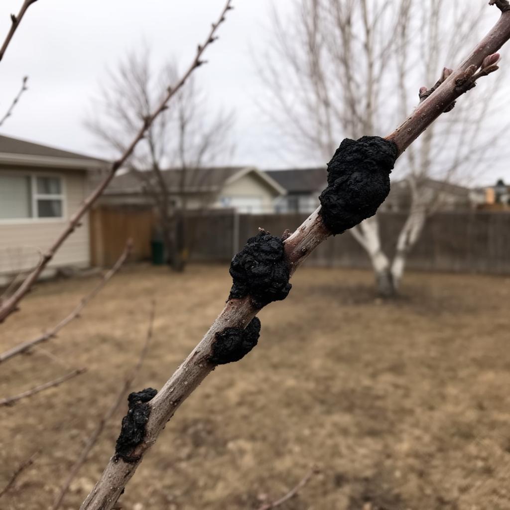 Close-up of black knot fungal growths on a Mayday tree branch in a Canadian residential yard