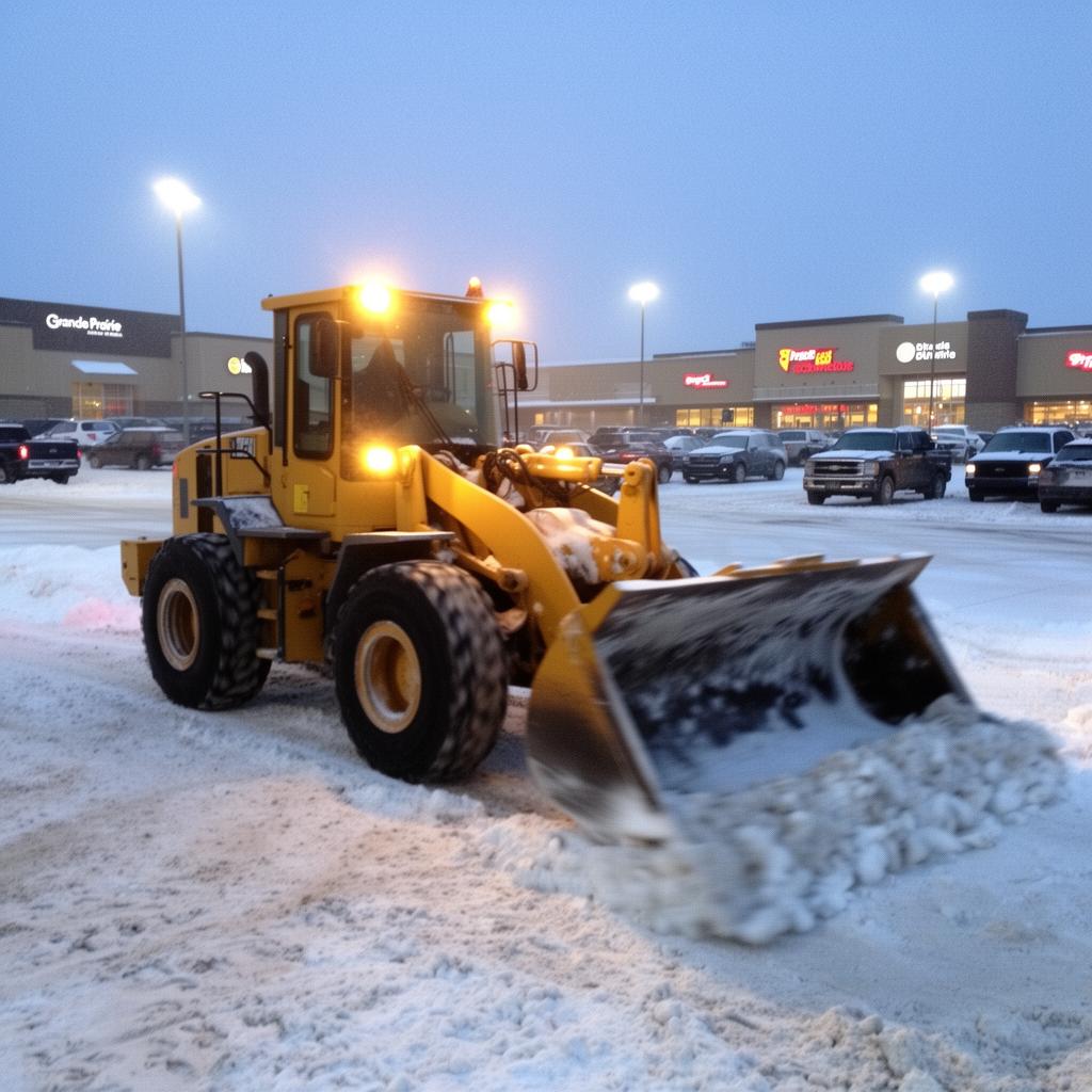 Snow clearing equipment working a commercial property in Valleyview