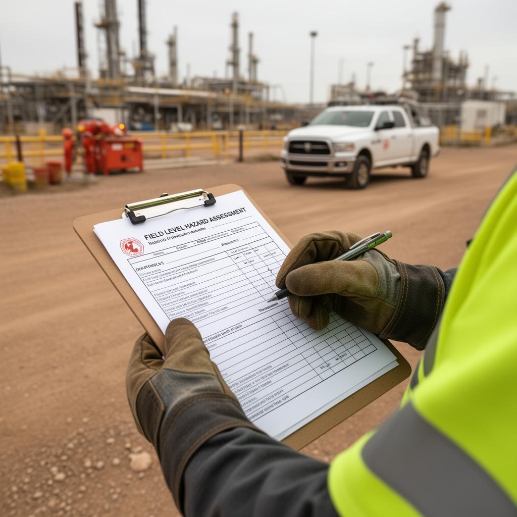Worker filling out a Field Level Hazard Assessment form on a clipboard at an industrial oil and gas facility