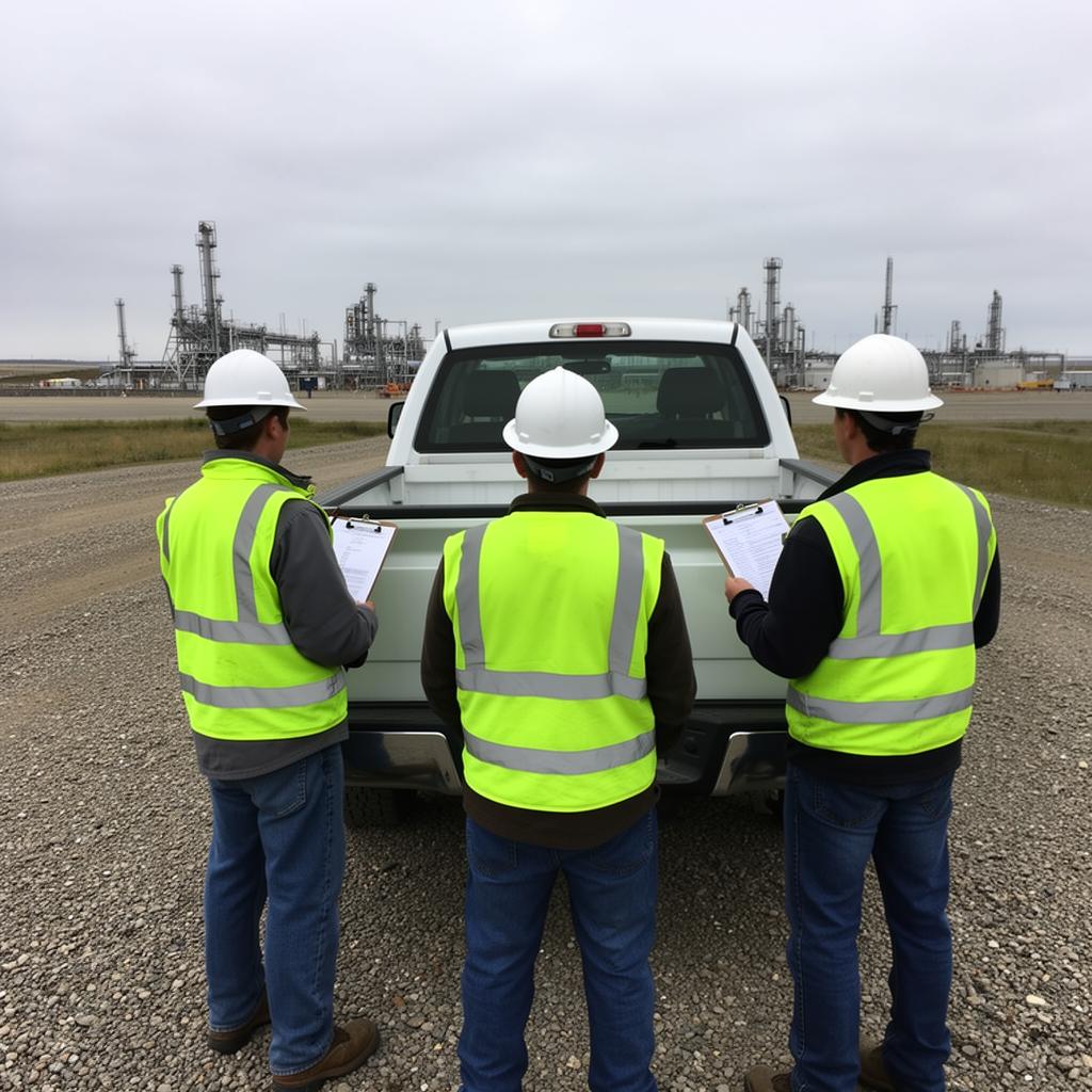 Workers in full PPE conducting a tailgate safety meeting with clipboards at an oil and gas lease site