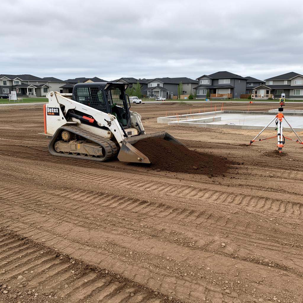 Compact track loader spreading topsoil for final grading on a new home lot in a Canadian subdivision