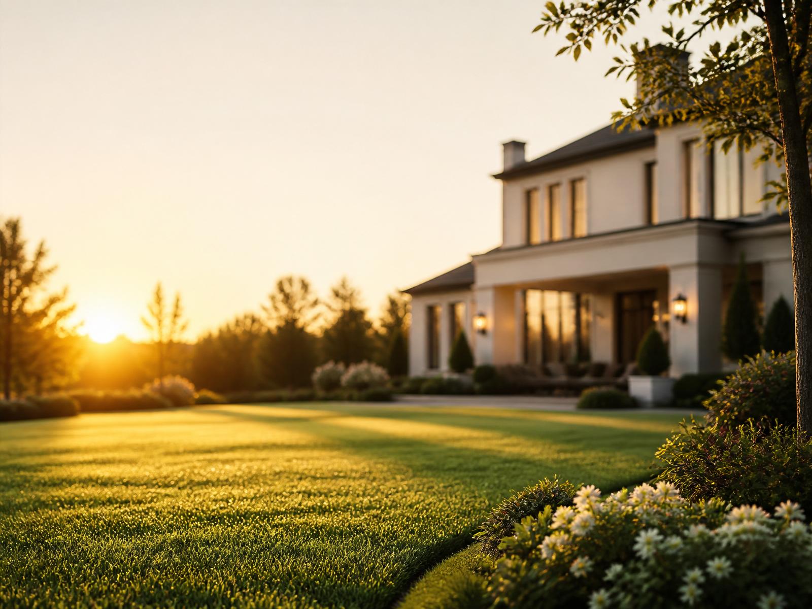 Immaculate manicured lawn beside an elegant home at golden hour