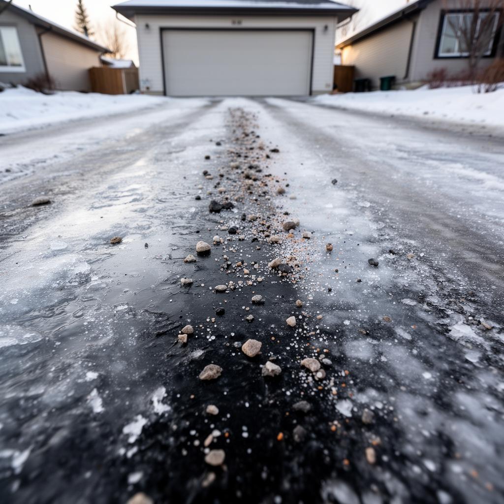 Close-up of icy surface with rock chips applied for traction — showing the 7mm chip sanding method used on Canadian commercial properties