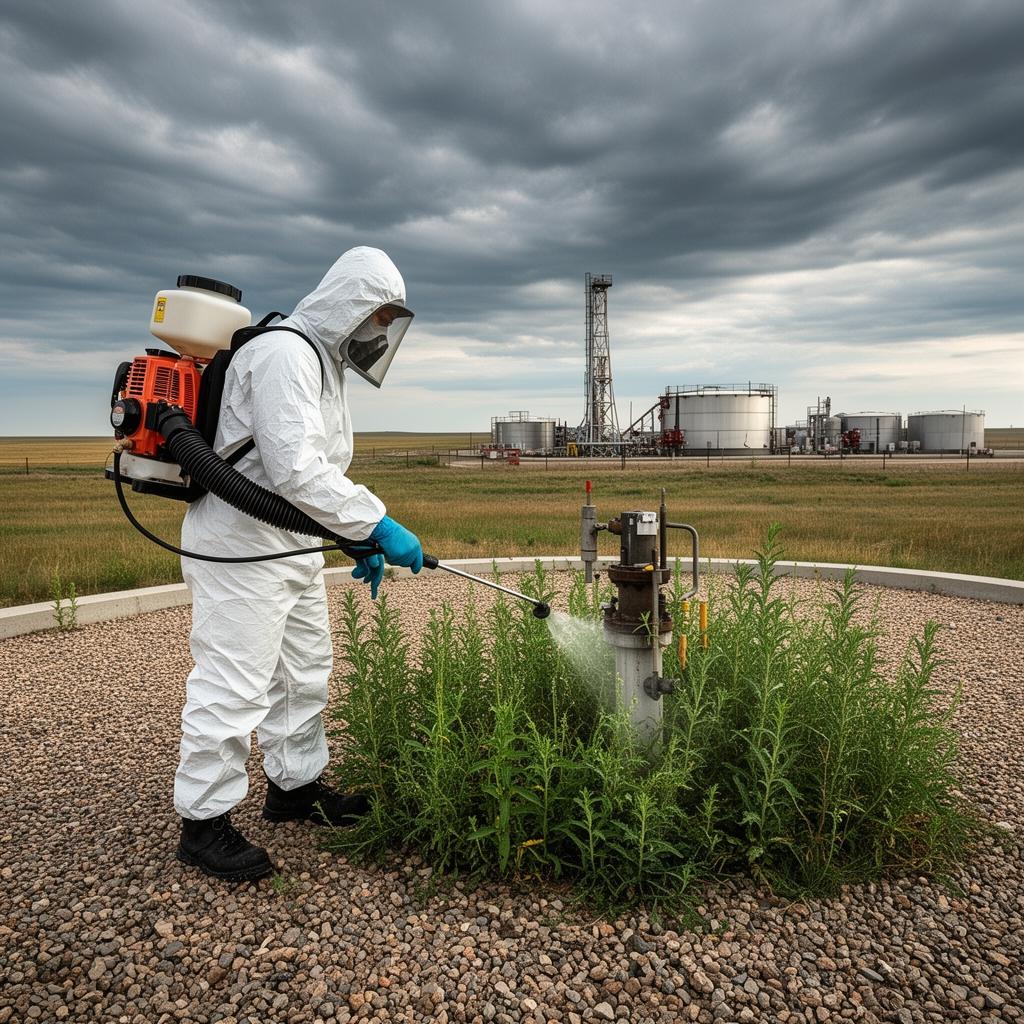 Worker in protective coveralls spraying weeds around an oil well head on a lease site