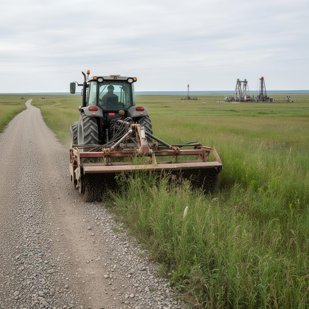 Tractor with rotary brush mower cutting vegetation along an oil and gas lease site access road