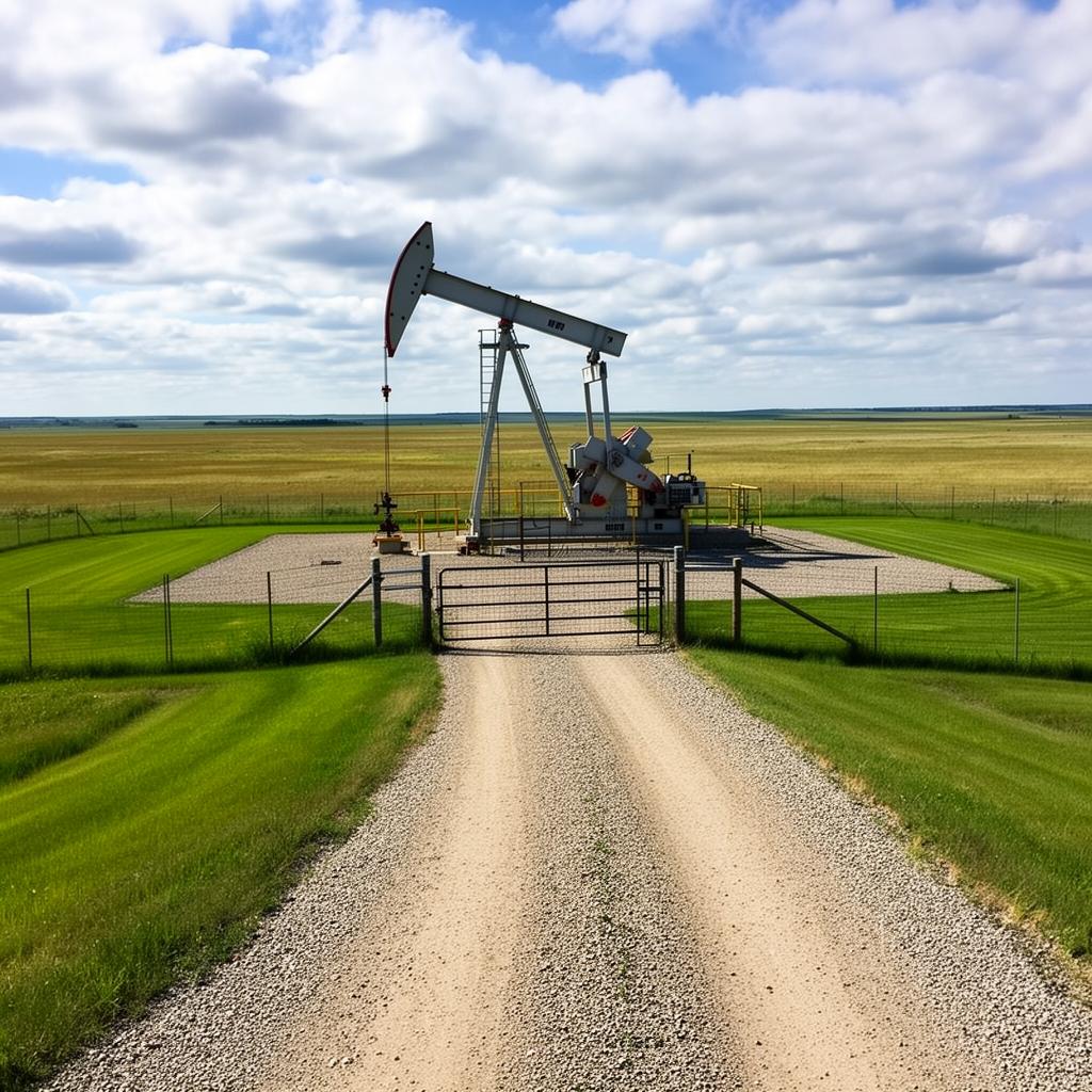 Well-maintained oil and gas lease site with neatly mowed grass around a pump jack and gravel pad