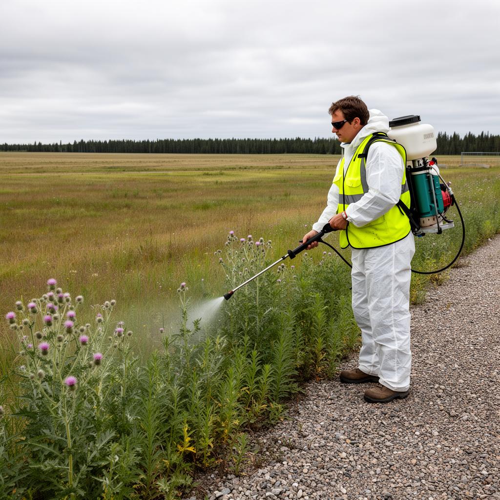 Worker in protective coveralls and high-visibility vest spraying Canada Thistle with a backpack sprayer on a lease site