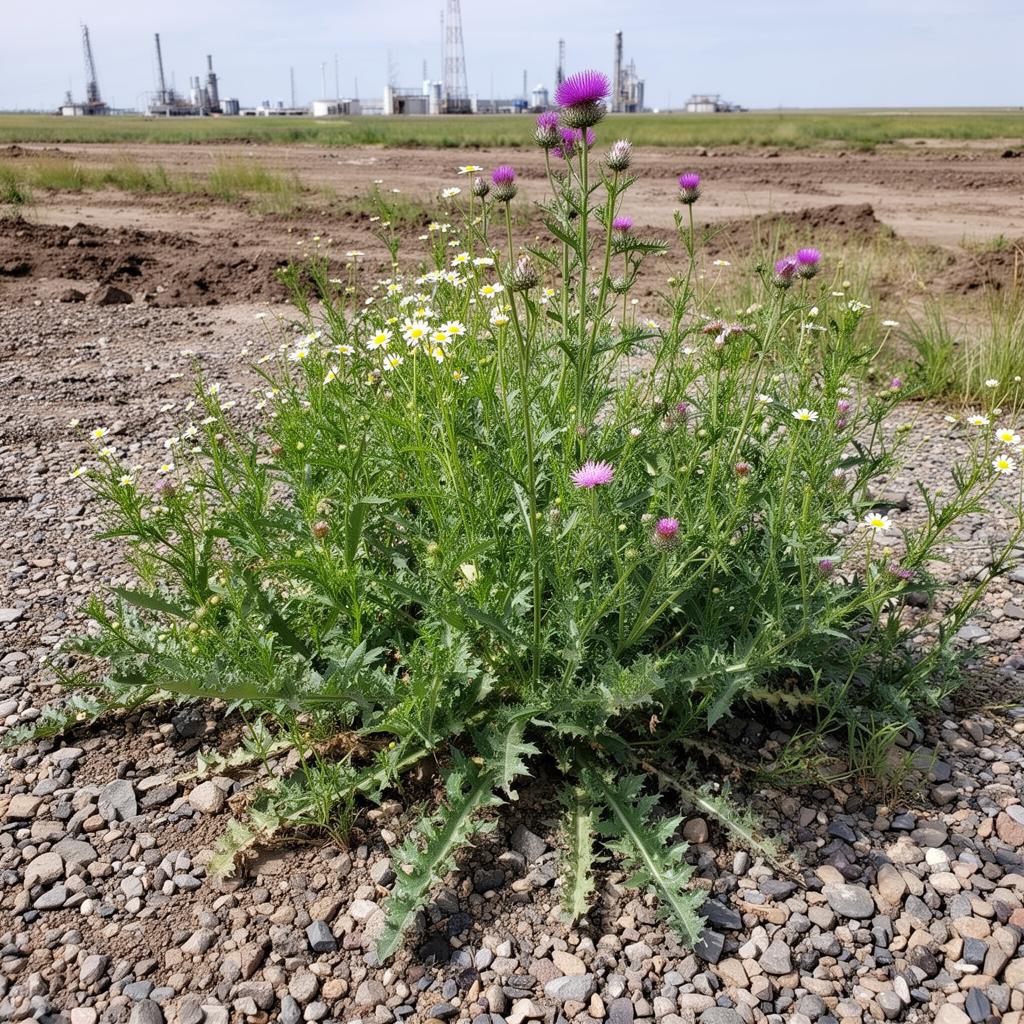 Canada Thistle and Scentless Chamomile growing on a disturbed industrial oil and gas lease site