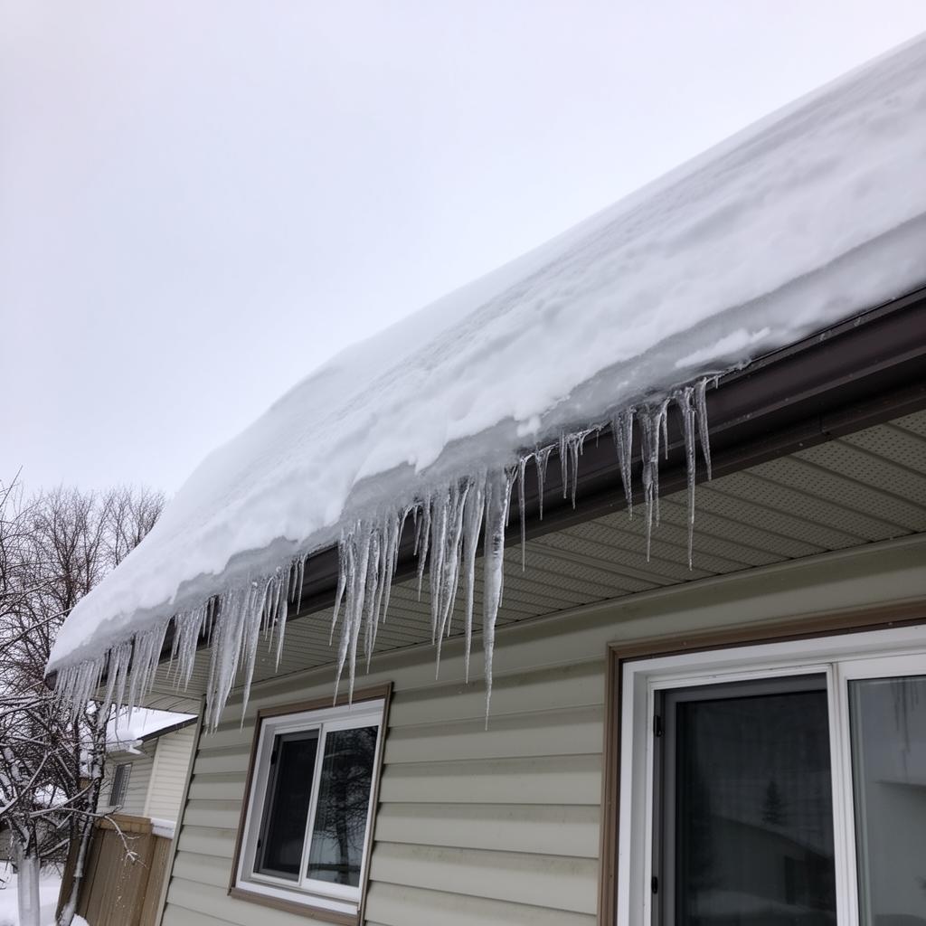 Heavy snow accumulation on a residential roof with large icicles forming ice dams along the eaves