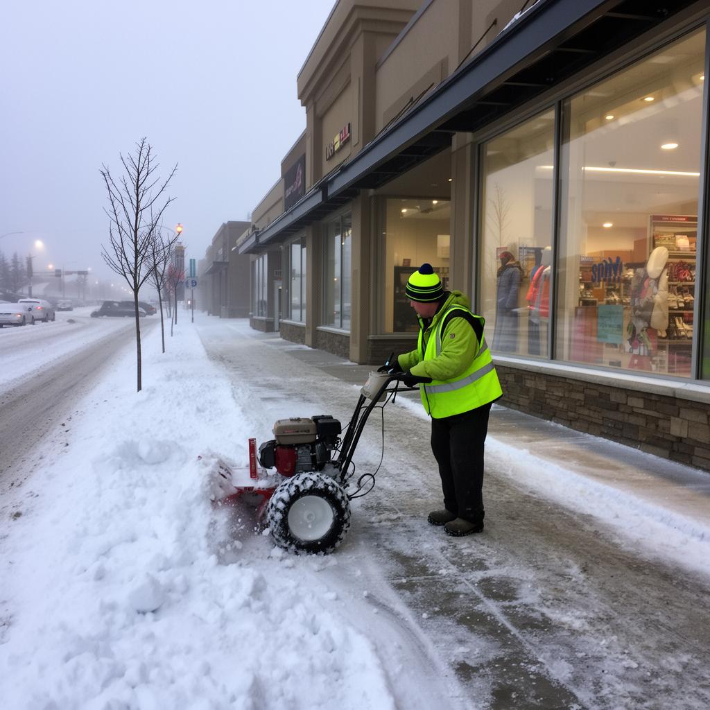 Worker clearing commercial sidewalk with walk-behind snow machine in front of retail stores 