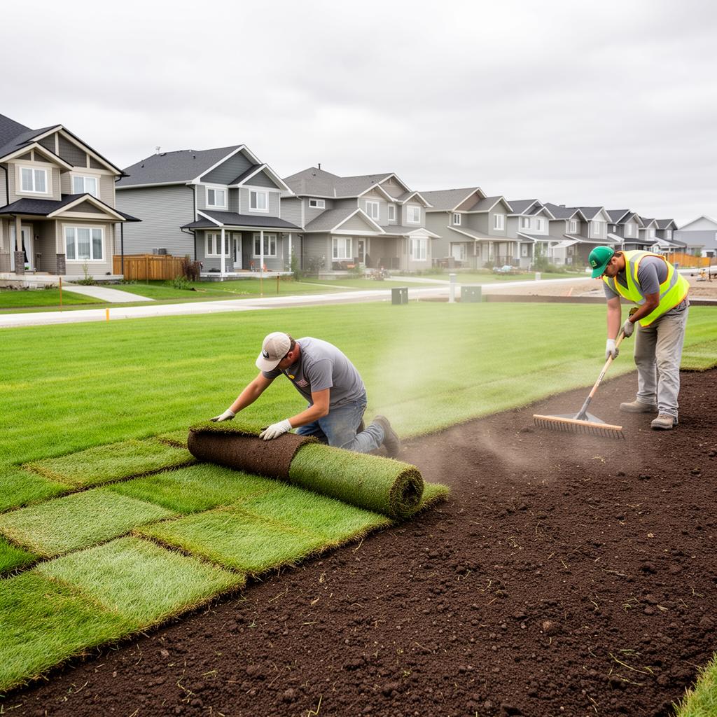 Workers laying fresh sod rolls on prepared topsoil in a new home subdivision 