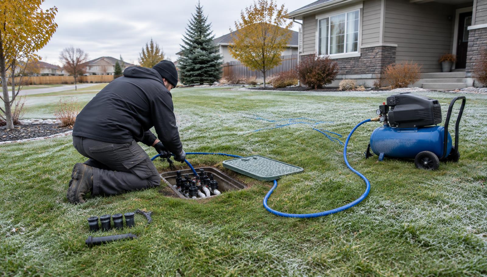 Technician winterizing a residential sprinkler system before freeze-up
