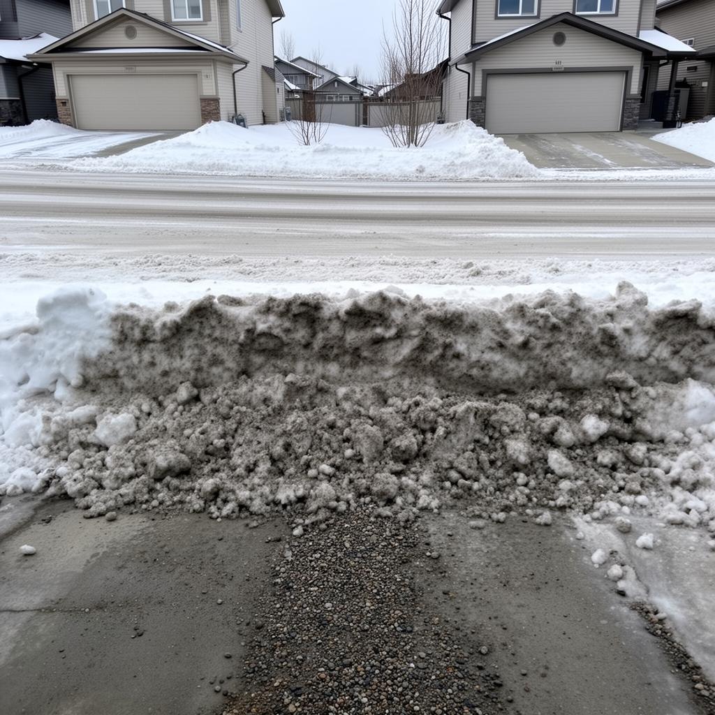 Windrow of compacted snow blocking a residential driveway entrance after city plowing 